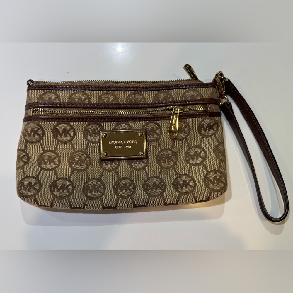 Michael Kors Brown MK Logo Double Zip Wristlet